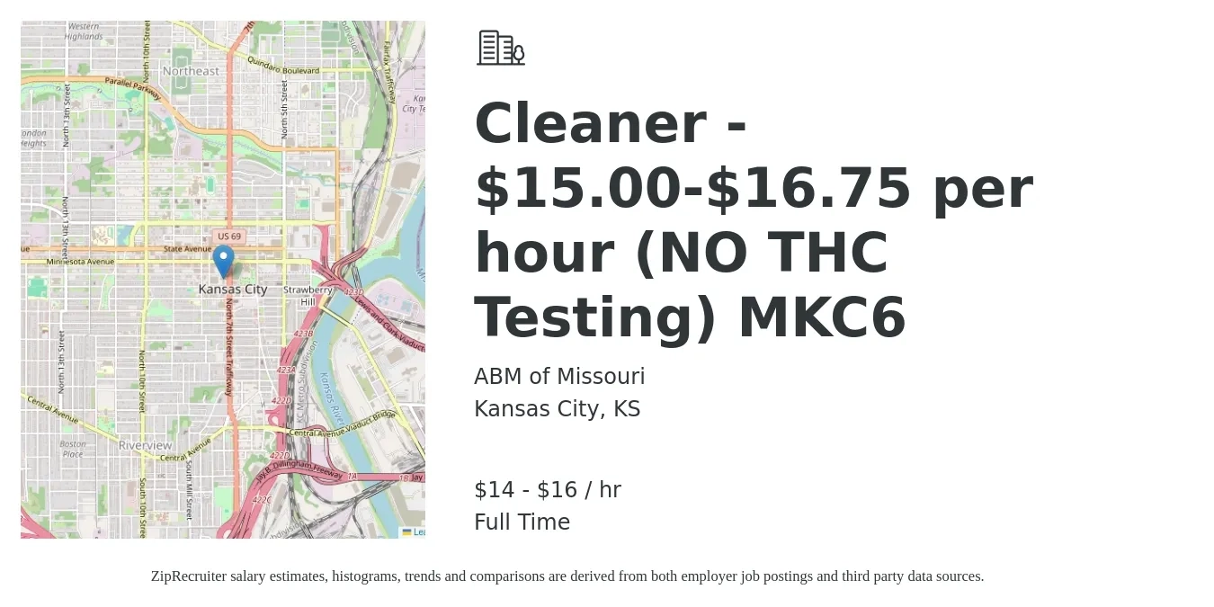 ABM of Missouri job posting for a Cleaner - $15.00-$16.75 per hour (NO THC Testing) MKC6 in Kansas City, KS with a salary of $15 to $17 Hourly with a map of Kansas City location.