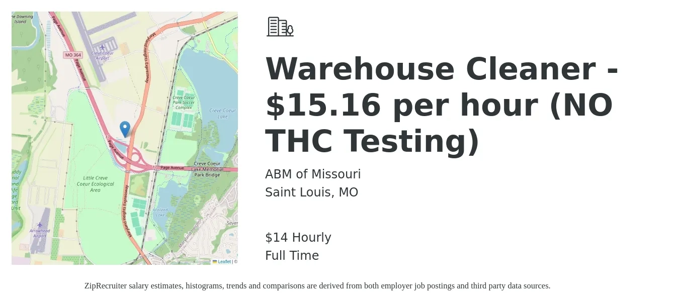 ABM of Missouri job posting for a Warehouse Cleaner - $15.16 per hour (NO THC Testing) in Saint Louis, MO with a salary of $15 Hourly with a map of Saint Louis location.