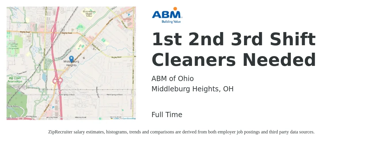 ABM of Ohio job posting for a 1st 2nd 3rd Shift Cleaners Needed in Middleburg Heights, OH with a salary of $13 to $16 Hourly with a map of Middleburg Heights location.