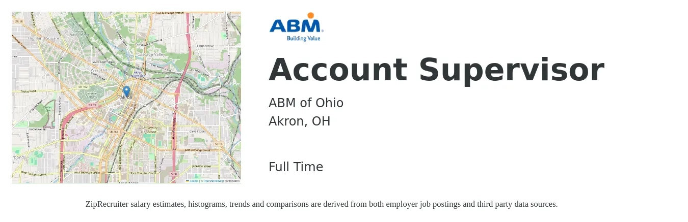 ABM of Ohio job posting for a Account Supervisor in Akron, OH with a salary of $45,900 to $75,100 Yearly with a map of Akron location.