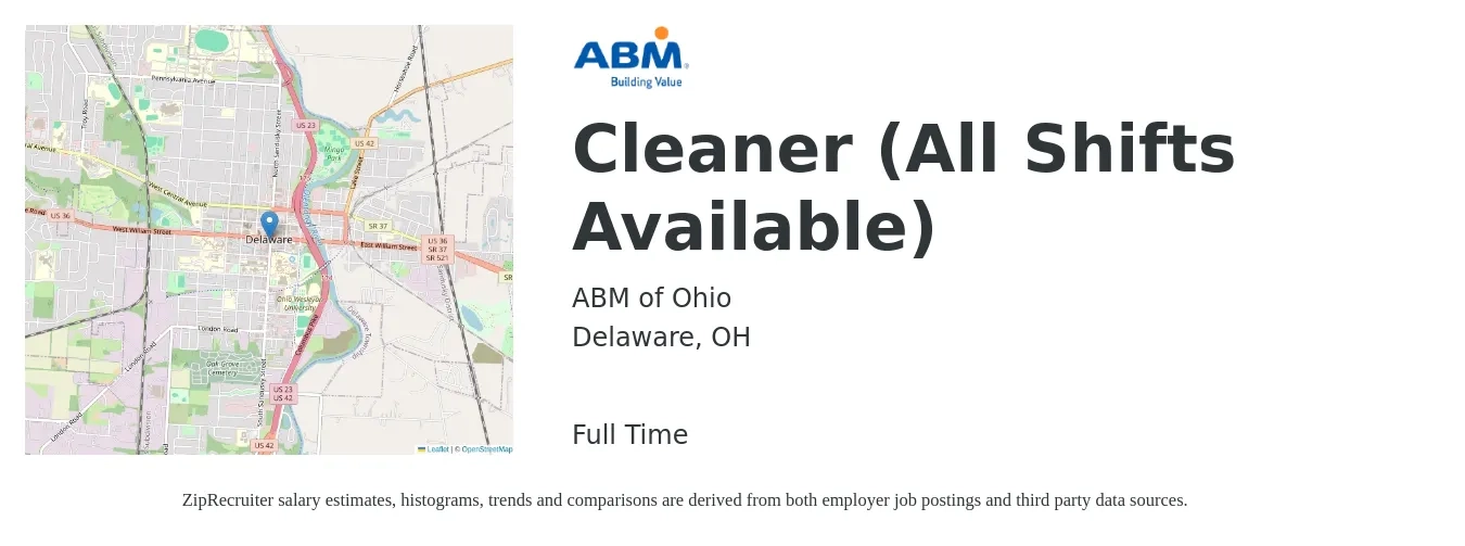 ABM of Ohio job posting for a Cleaner (All Shifts Available) in Delaware, OH with a salary of $13 to $16 Hourly with a map of Delaware location.