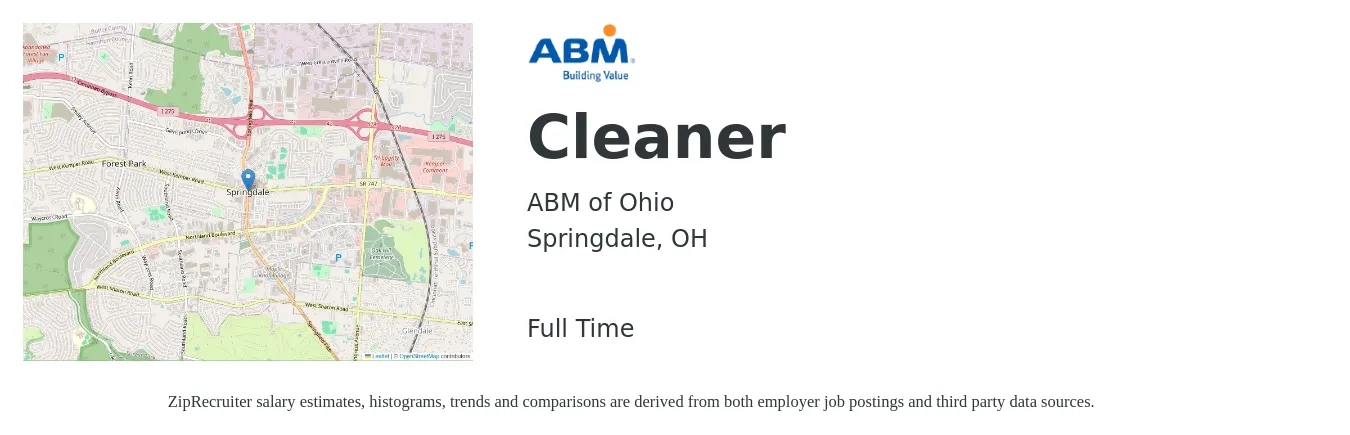 ABM of Ohio job posting for a Cleaner in Springdale, OH with a salary of $14 to $16 Hourly with a map of Springdale location.
