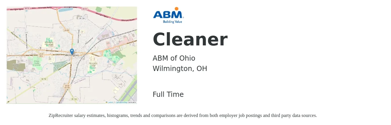 ABM of Ohio job posting for a Cleaner in Wilmington, OH with a salary of $12 to $15 Hourly with a map of Wilmington location.