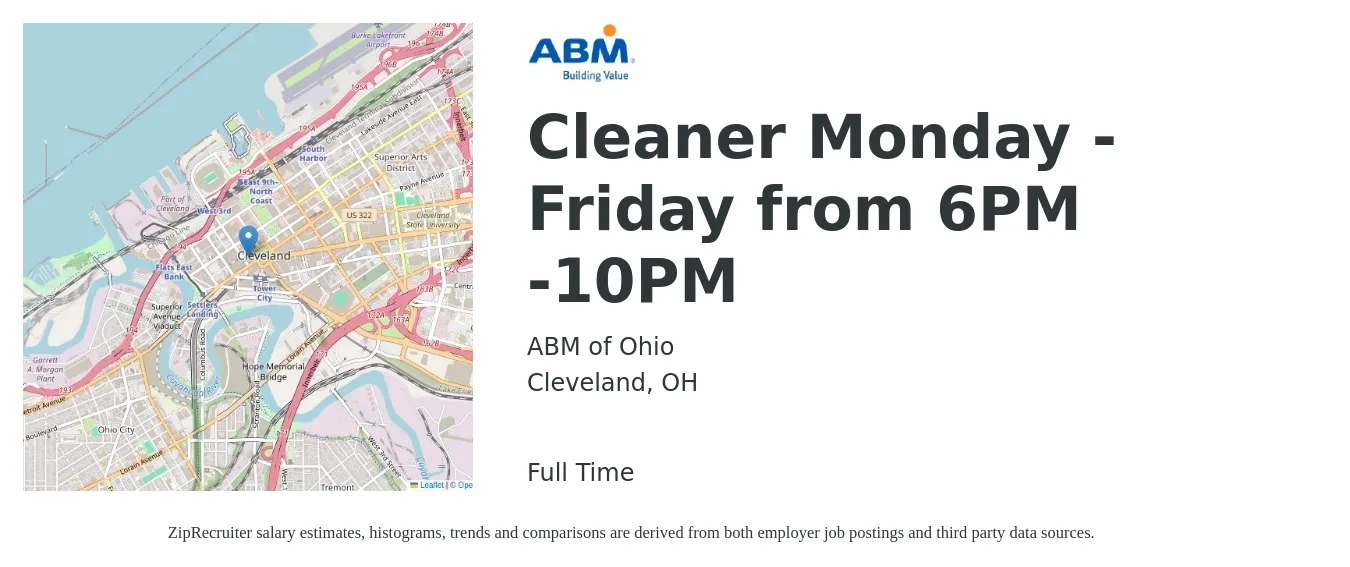 ABM of Ohio job posting for a Cleaner Monday - Friday from 6PM -10PM in Cleveland, OH with a salary of $14 to $16 Hourly with a map of Cleveland location.