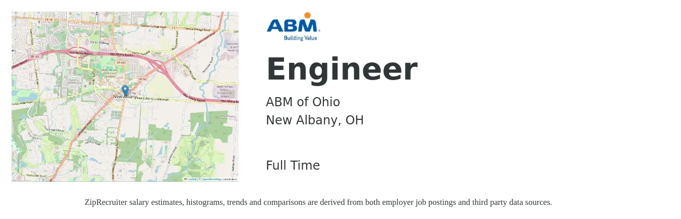 ABM of Ohio job posting for a Engineer in New Albany, OH with a salary of $80,700 to $111,900 Yearly with a map of New Albany location.
