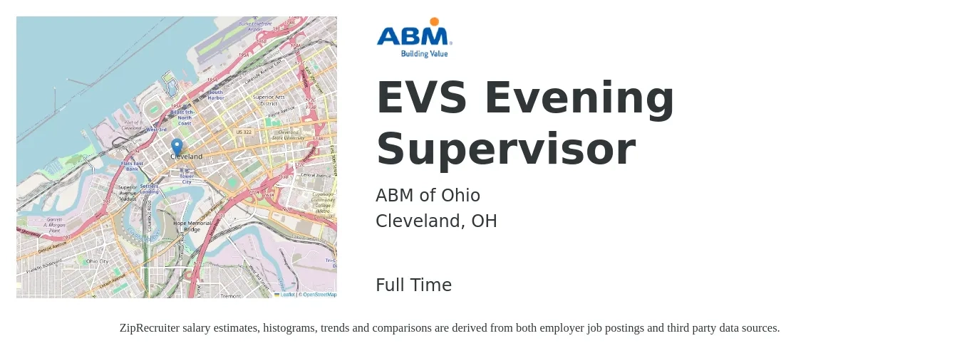 ABM of Ohio job posting for a EVS Evening Supervisor in Cleveland, OH with a salary of $20 to $34 Hourly with a map of Cleveland location.
