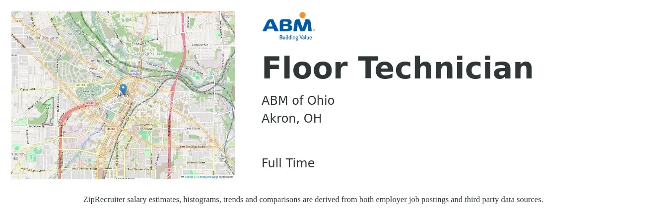 ABM of Ohio job posting for a Floor Technician in Akron, OH with a salary of $14 to $18 Hourly with a map of Akron location.