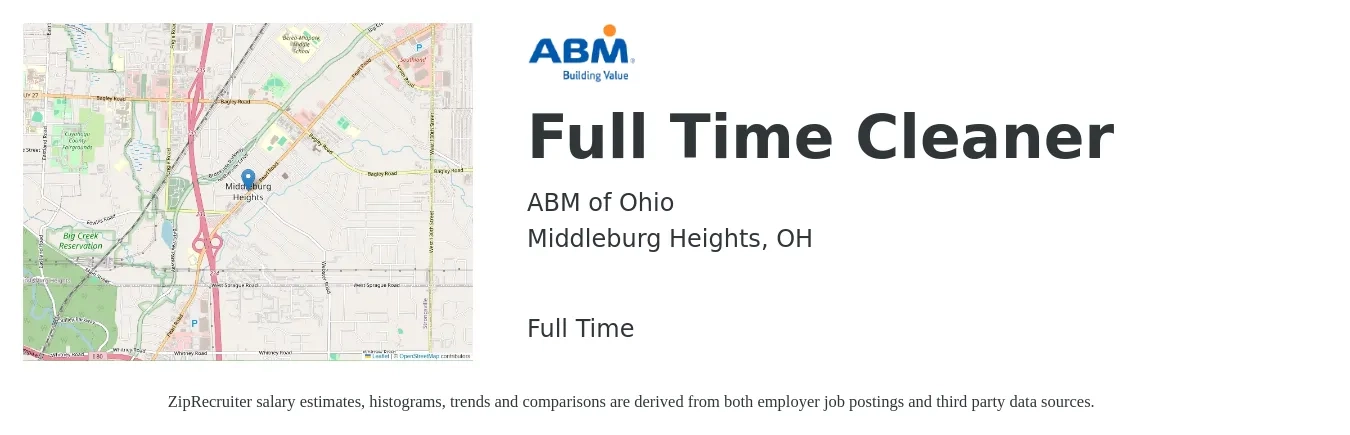 ABM of Ohio job posting for a Full Time Cleaner in Middleburg Heights, OH with a salary of $13 to $16 Hourly with a map of Middleburg Heights location.