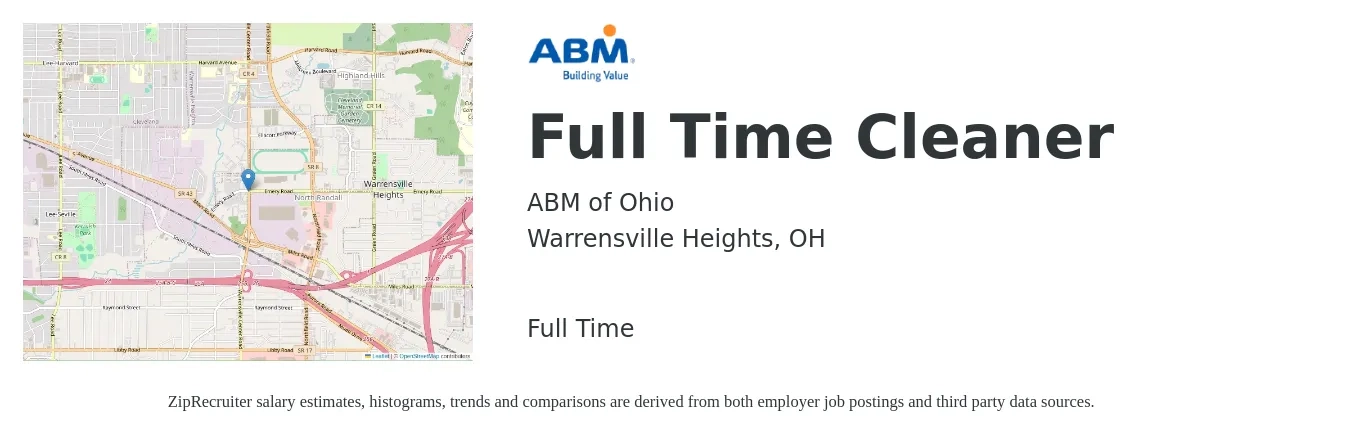 ABM of Ohio job posting for a Full Time Cleaner in Warrensville Heights, OH with a salary of $13 to $16 Hourly with a map of Warrensville Heights location.