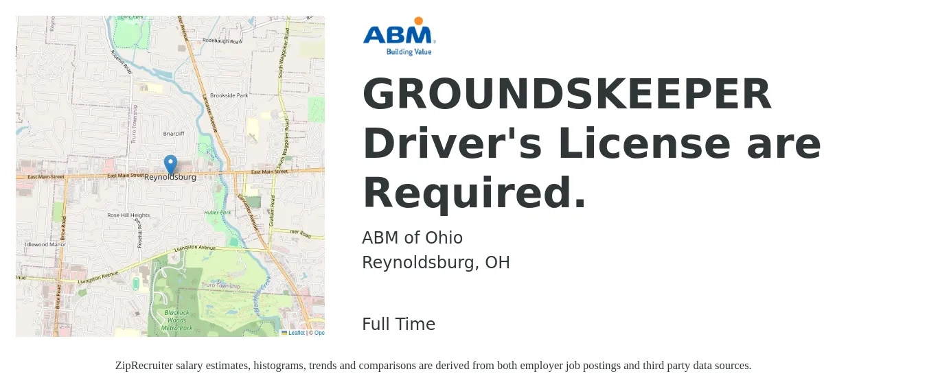 ABM of Ohio job posting for a GROUNDSKEEPER Driver's License are Required. in Reynoldsburg, OH with a salary of $14 to $18 Hourly with a map of Reynoldsburg location.