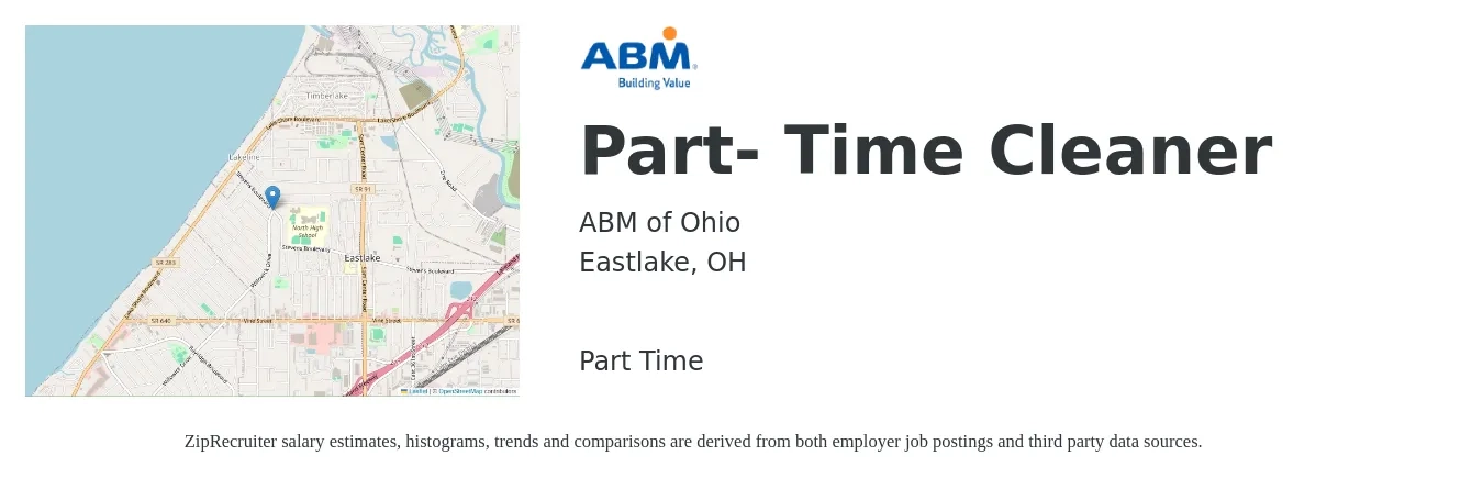 ABM of Ohio job posting for a Part- Time Cleaner in Eastlake, OH with a salary of $13 to $15 Hourly with a map of Eastlake location.