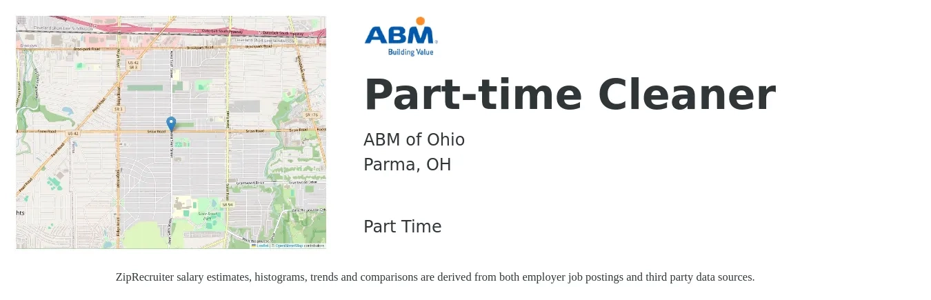 ABM of Ohio job posting for a Part-time Cleaner in Parma, OH with a salary of $13 to $16 Hourly with a map of Parma location.