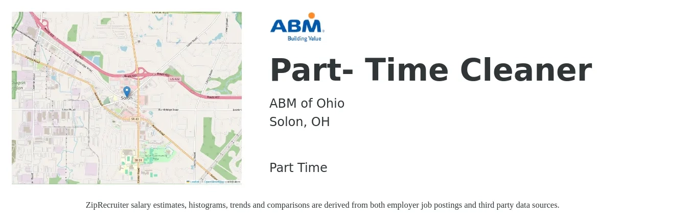 ABM of Ohio job posting for a Part- Time Cleaner in Solon, OH with a salary of $13 to $15 Hourly with a map of Solon location.