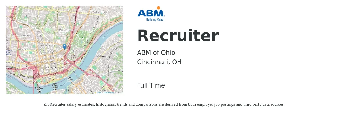 ABM of Ohio job posting for a Recruiter in Cincinnati, OH with a salary of $20 to $32 Hourly with a map of Cincinnati location.