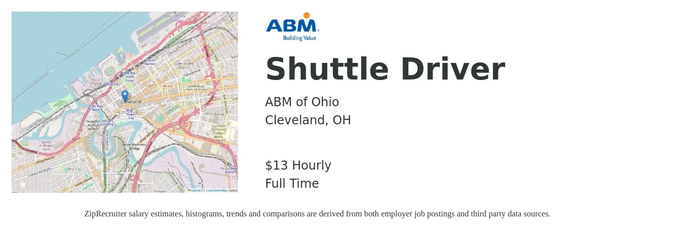 ABM of Ohio job posting for a Shuttle Driver in Cleveland, OH with a salary of $14 Hourly with a map of Cleveland location.
