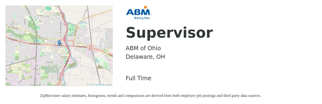 ABM of Ohio job posting for a Supervisor in Delaware, OH with a salary of $16 to $22 Hourly with a map of Delaware location.
