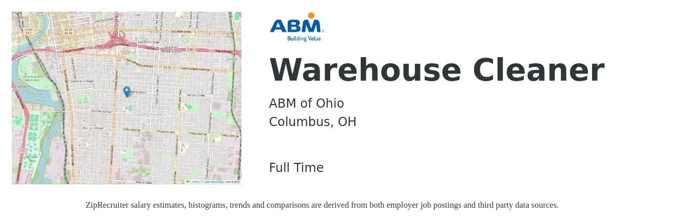 ABM of Ohio job posting for a Warehouse Cleaner in Columbus, OH with a salary of $14 to $18 Hourly with a map of Columbus location.