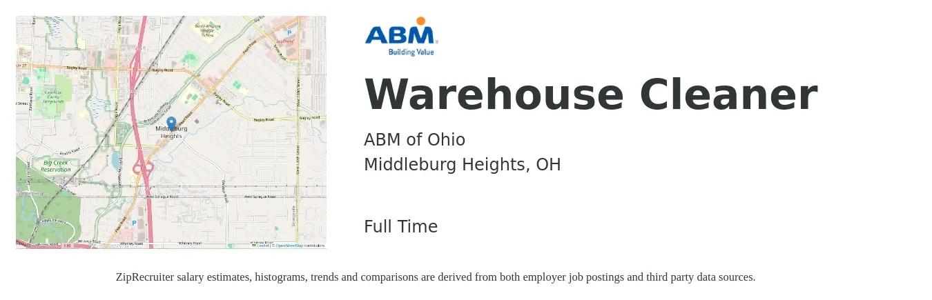ABM of Ohio job posting for a Warehouse Cleaner in Middleburg Heights, OH with a salary of $13 to $16 Hourly with a map of Middleburg Heights location.