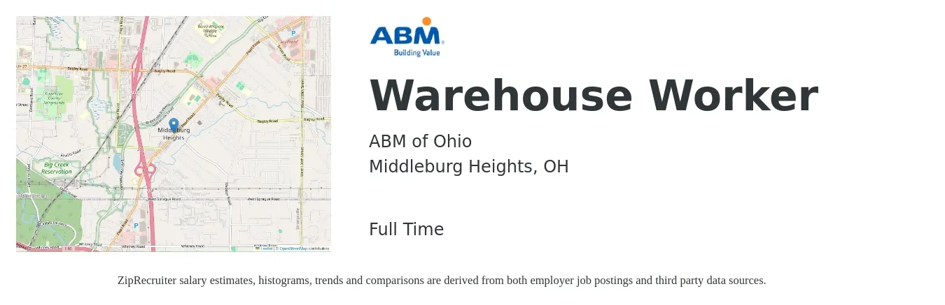 ABM of Ohio job posting for a Warehouse Worker in Middleburg Heights, OH with a salary of $15 to $18 Hourly with a map of Middleburg Heights location.