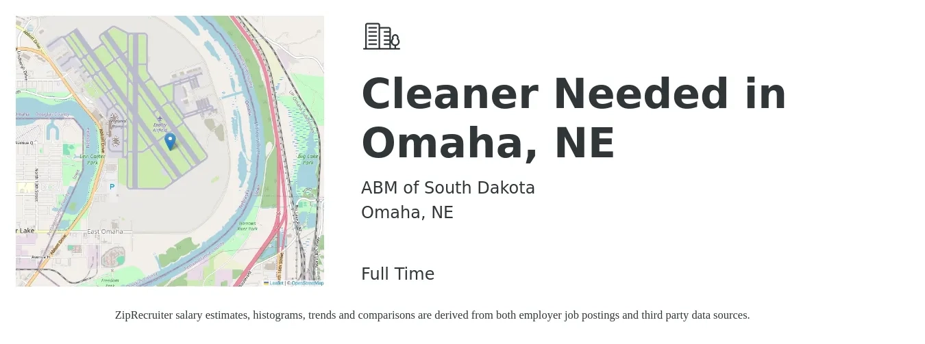 ABM of South Dakota job posting for a Cleaner Needed in Omaha, NE in Omaha, NE with a salary of $14 to $16 Hourly with a map of Omaha location.