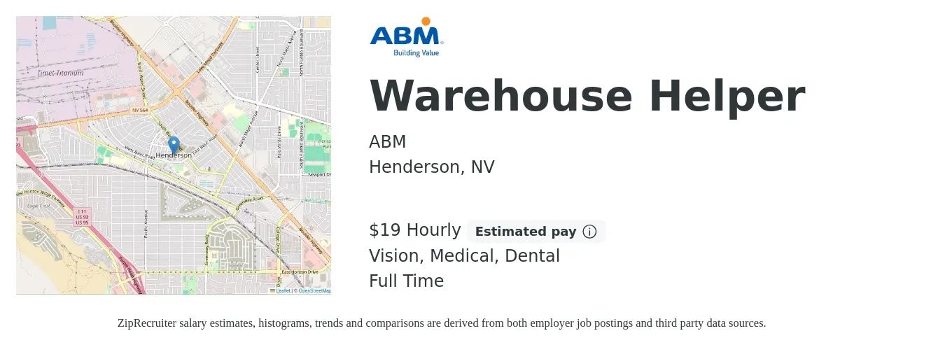 ABM job posting for a Warehouse Helper in Henderson, NV with a salary of $20 to $20 Hourly and benefits including retirement, vision, dental, life_insurance, and medical with a map of Henderson location.