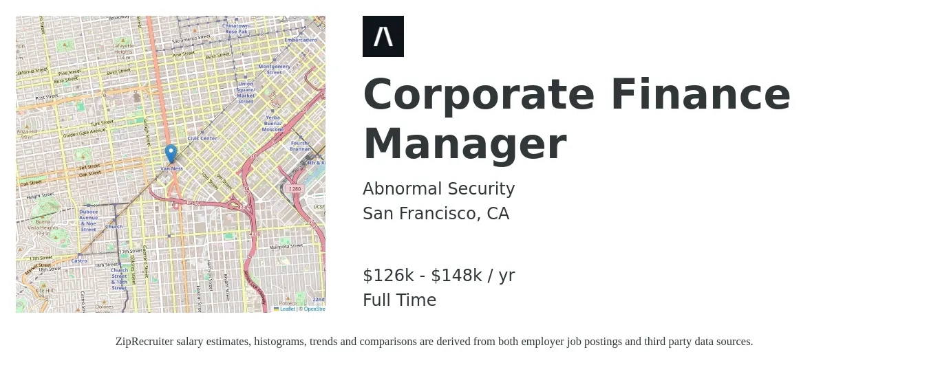 Abnormal Security job posting for a Corporate Finance Manager in San Francisco, CA with a salary of $126,100 to $148,400 Yearly with a map of San Francisco location.
