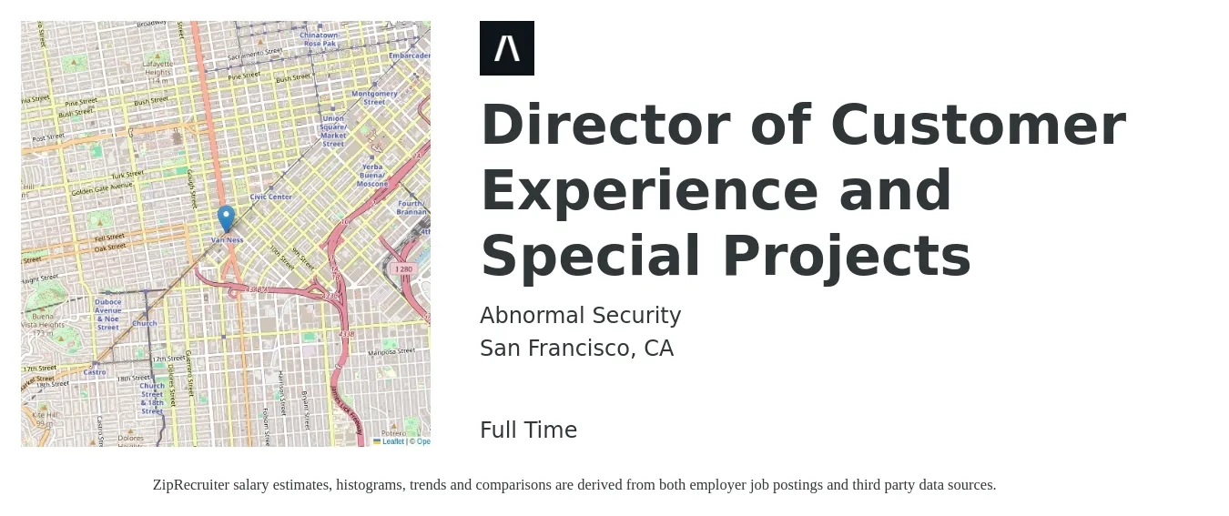 Abnormal Security job posting for a Director of Customer Experience and Special Projects in San Francisco, CA with a salary of $112,500 to $171,400 Yearly with a map of San Francisco location.