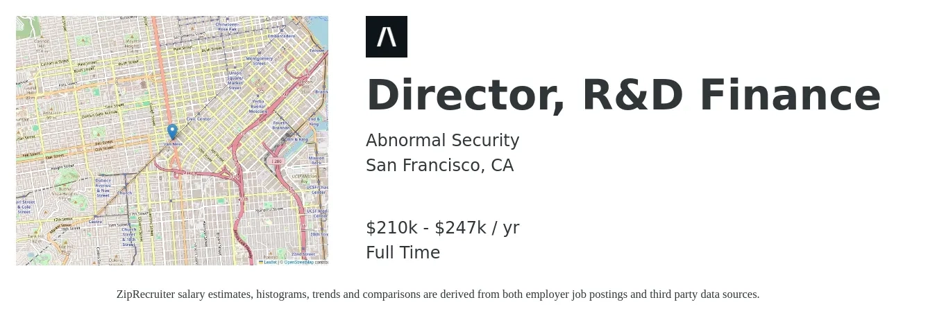 Abnormal Security job posting for a Director, R&D Finance in San Francisco, CA with a salary of $210,600 to $247,800 Yearly with a map of San Francisco location.