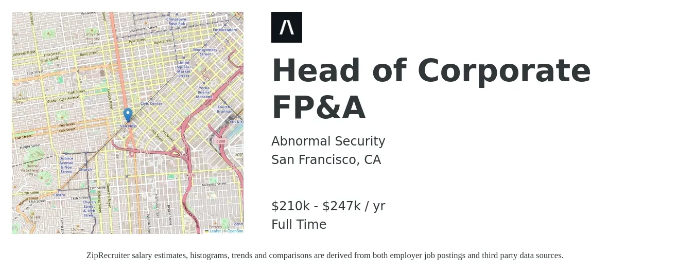 Abnormal Security job posting for a Head of Corporate FP&A in San Francisco, CA with a salary of $210,600 to $247,800 Yearly with a map of San Francisco location.