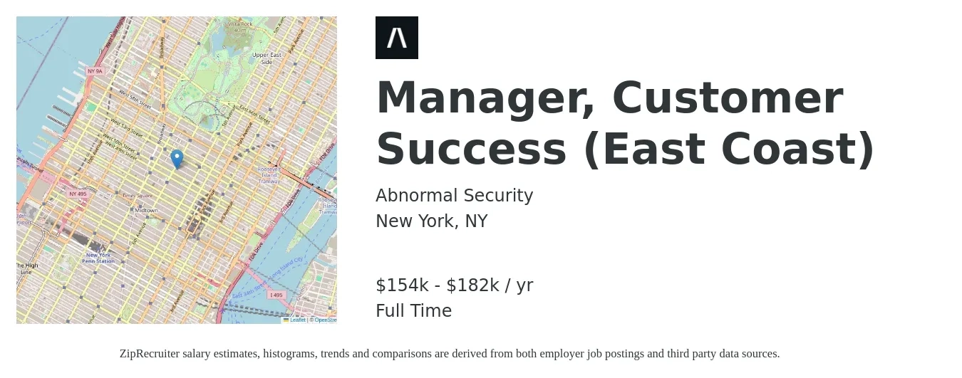 Abnormal Security job posting for a Manager, Customer Success (East Coast) in New York, NY with a salary of $154,700 to $182,000 Yearly with a map of New York location.