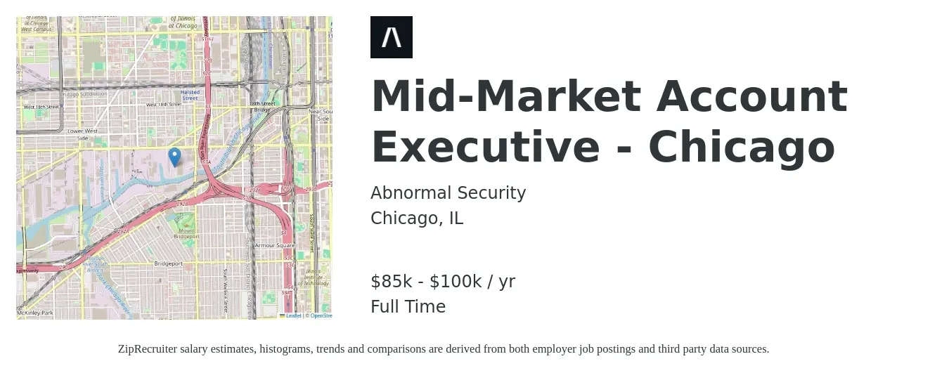 Abnormal Security job posting for a Mid-Market Account Executive - Chicago in Chicago, IL with a salary of $55,600 to $97,900 Yearly with a map of Chicago location.