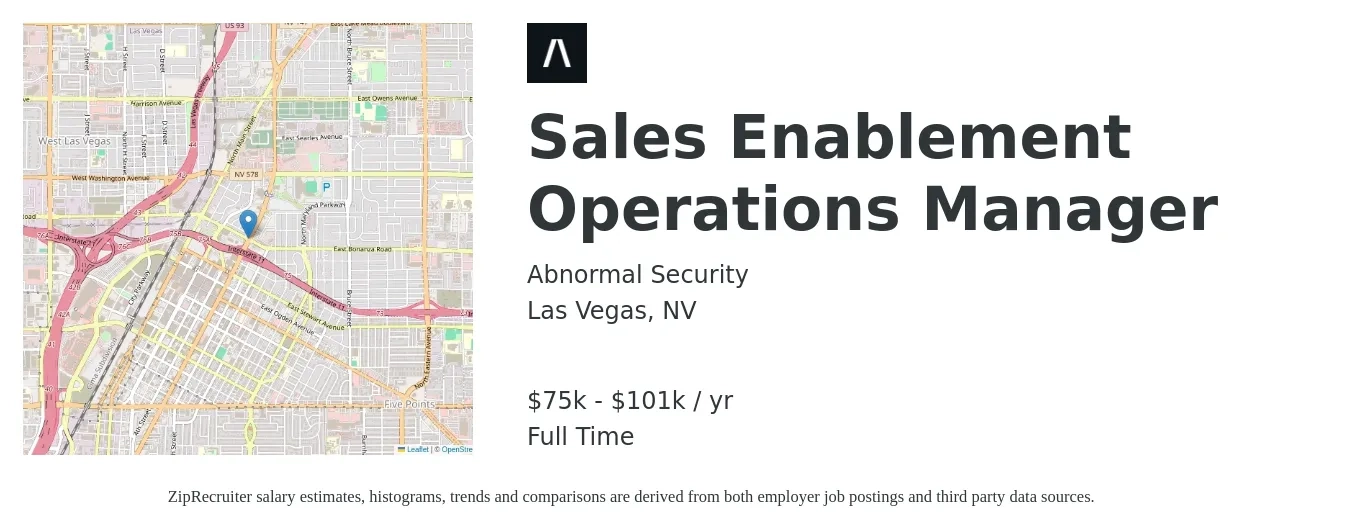 Abnormal Security job posting for a Sales Enablement Operations Manager in Las Vegas, NV with a salary of $75,900 to $101,200 Yearly with a map of Las Vegas location.
