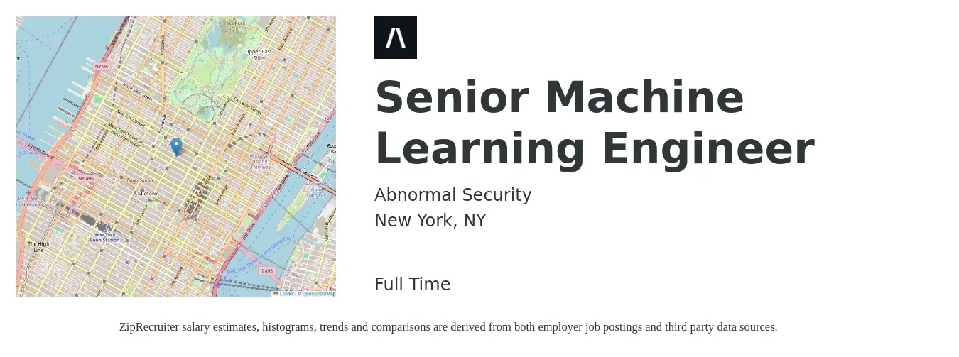 Abnormal Security job posting for a Senior Machine Learning Engineer in New York, NY with a salary of $114,300 to $157,000 Yearly with a map of New York location.