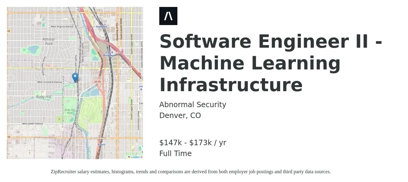 Abnormal Security job posting for a Software Engineer II - Machine Learning Infrastructure in Denver, CO with a salary of $147,200 to $173,200 Yearly with a map of Denver location.
