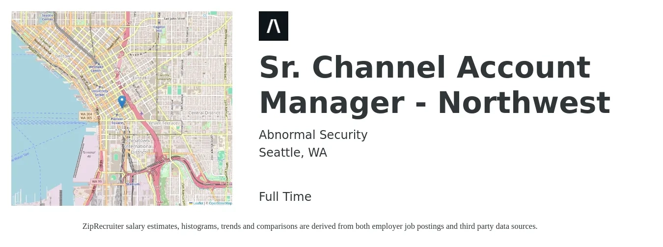 Abnormal Security job posting for a Sr. Channel Account Manager - Northwest in Seattle, WA with a salary of $79,700 to $101,300 Yearly with a map of Seattle location.