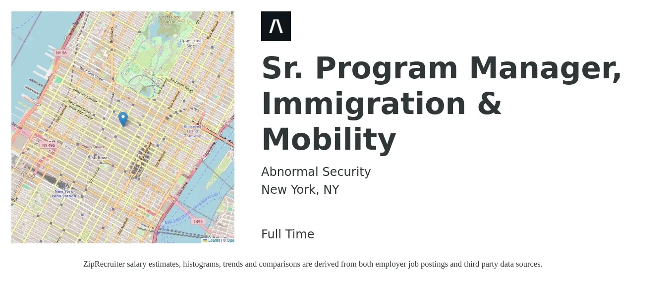 Abnormal Security job posting for a Sr. Program Manager, Immigration & Mobility in New York, NY with a salary of $126,900 to $127,500 Yearly with a map of New York location.
