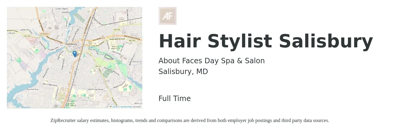 About Faces Day Spa & Salon job posting for a Hair Stylist Salisbury in Salisbury, MD with a salary of $17 to $25 Hourly with a map of Salisbury location.