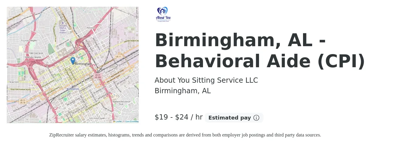 About You Sitting Service LLC job posting for a Birmingham, AL - Behavioral Aide (CPI) in Birmingham, AL with a salary of $20 to $25 Hourly with a map of Birmingham location.