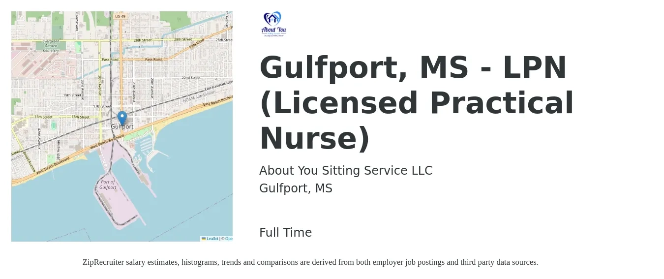 About You Sitting Service LLC job posting for a Gulfport, MS - LPN (Licensed Practical Nurse) in Gulfport, MS with a salary of $25 to $29 Hourly with a map of Gulfport location.