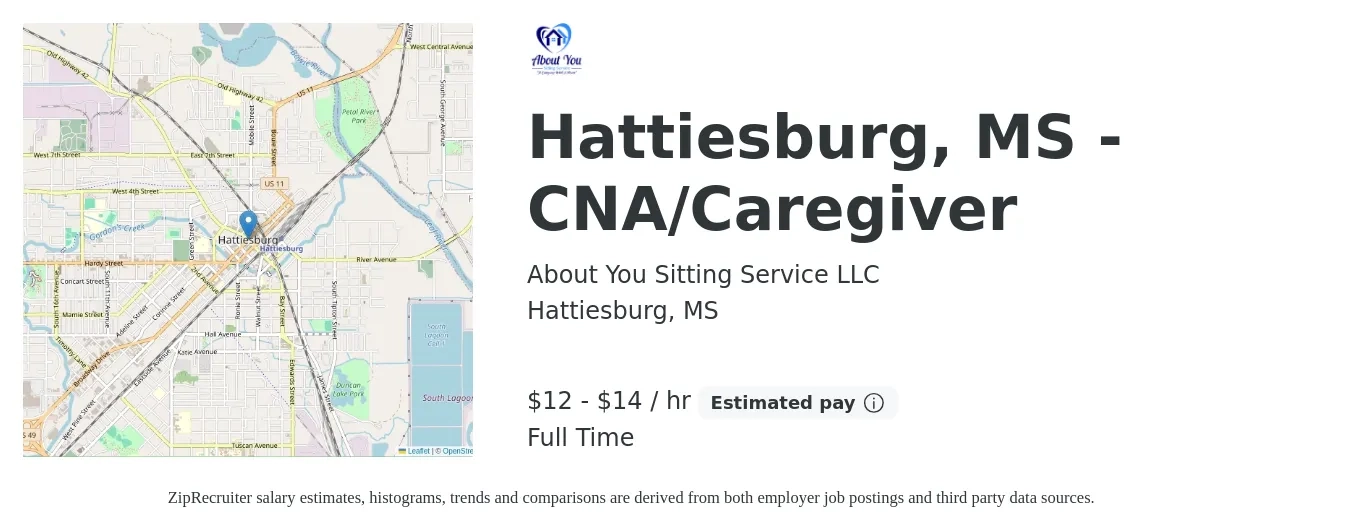 About You Sitting Service LLC job posting for a Hattiesburg, MS CNA/Caregiver in Hattiesburg, MS with a salary of $13 to $16 Hourly with a map of Hattiesburg location.