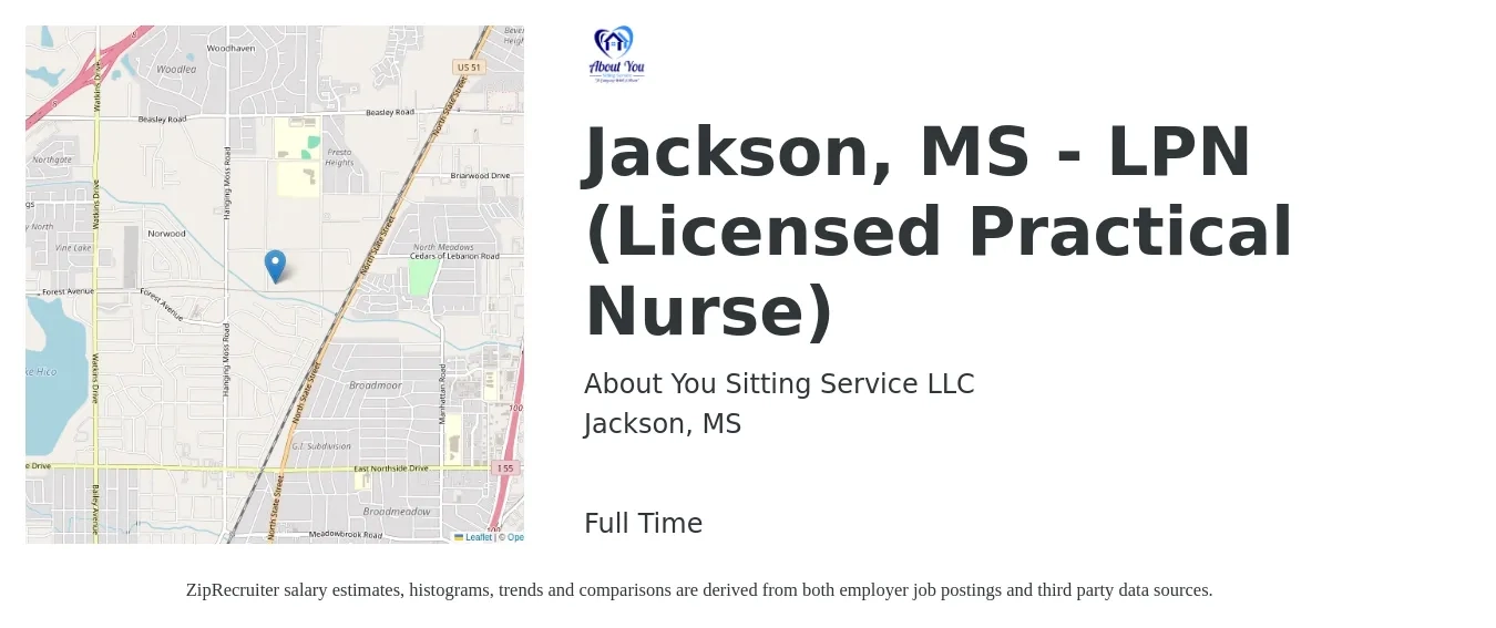 About You Sitting Service LLC job posting for a Jackson, MS - LPN (Licensed Practical Nurse) in Jackson, MS with a salary of $25 to $29 Hourly with a map of Jackson location.