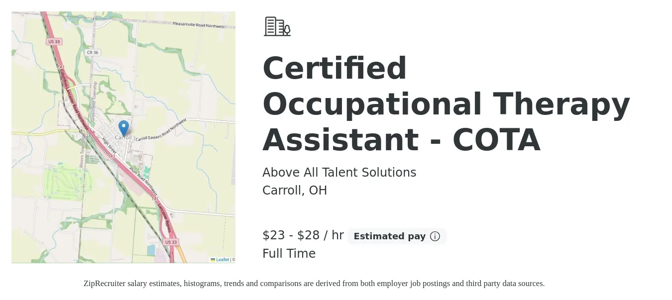 Above All Talent Solutions job posting for a Certified Occupational Therapy Assistant - COTA in Carroll, OH with a salary of $24 to $30 Hourly with a map of Carroll location.