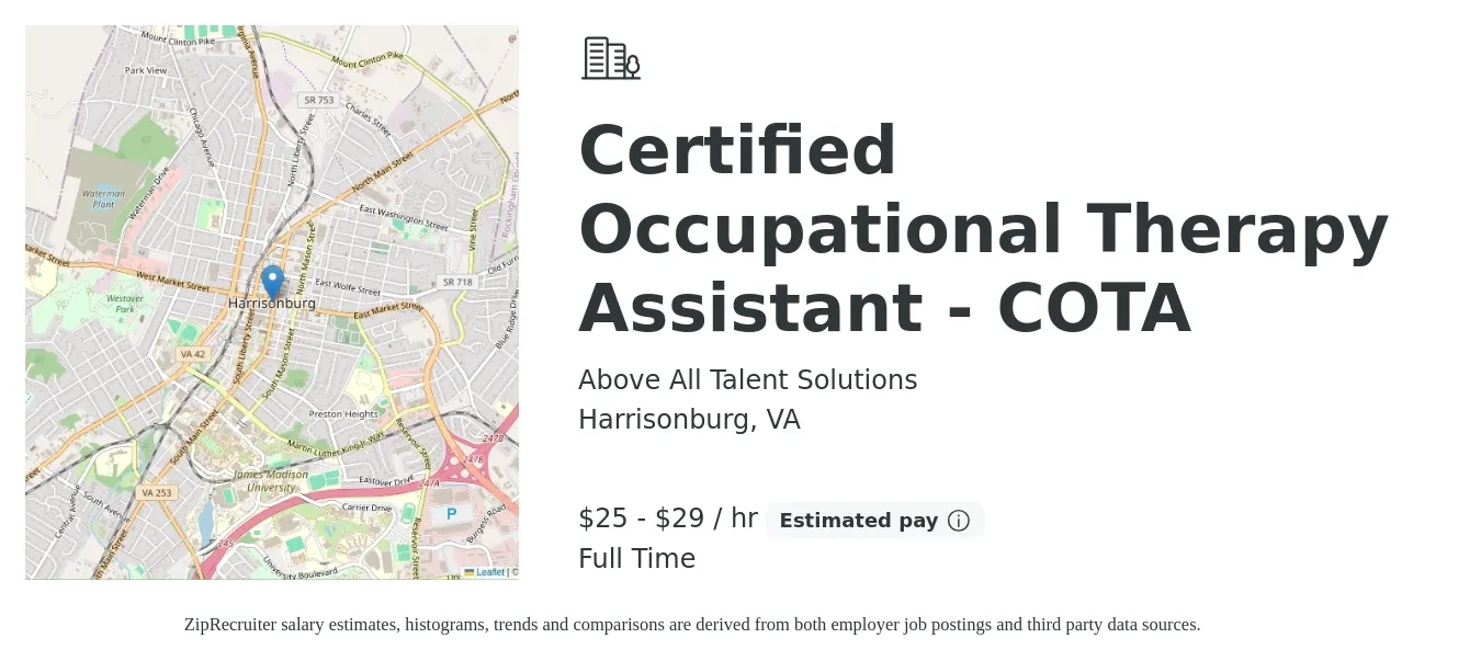 Above All Talent Solutions job posting for a Certified Occupational Therapy Assistant - COTA in Harrisonburg, VA with a salary of $26 to $31 Hourly with a map of Harrisonburg location.
