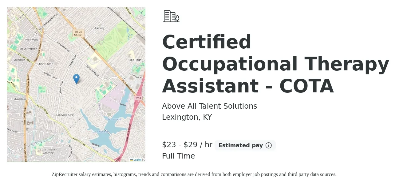 Above All Talent Solutions job posting for a Certified Occupational Therapy Assistant - COTA in Lexington, KY with a salary of $24 to $31 Hourly with a map of Lexington location.