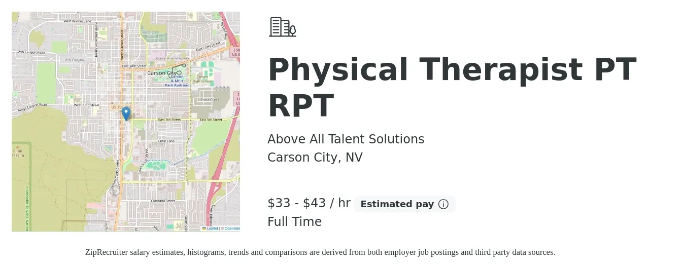 Above All Talent Solutions job posting for a Physical Therapist PT RPT in Carson City, NV with a salary of $35 to $45 Hourly with a map of Carson City location.