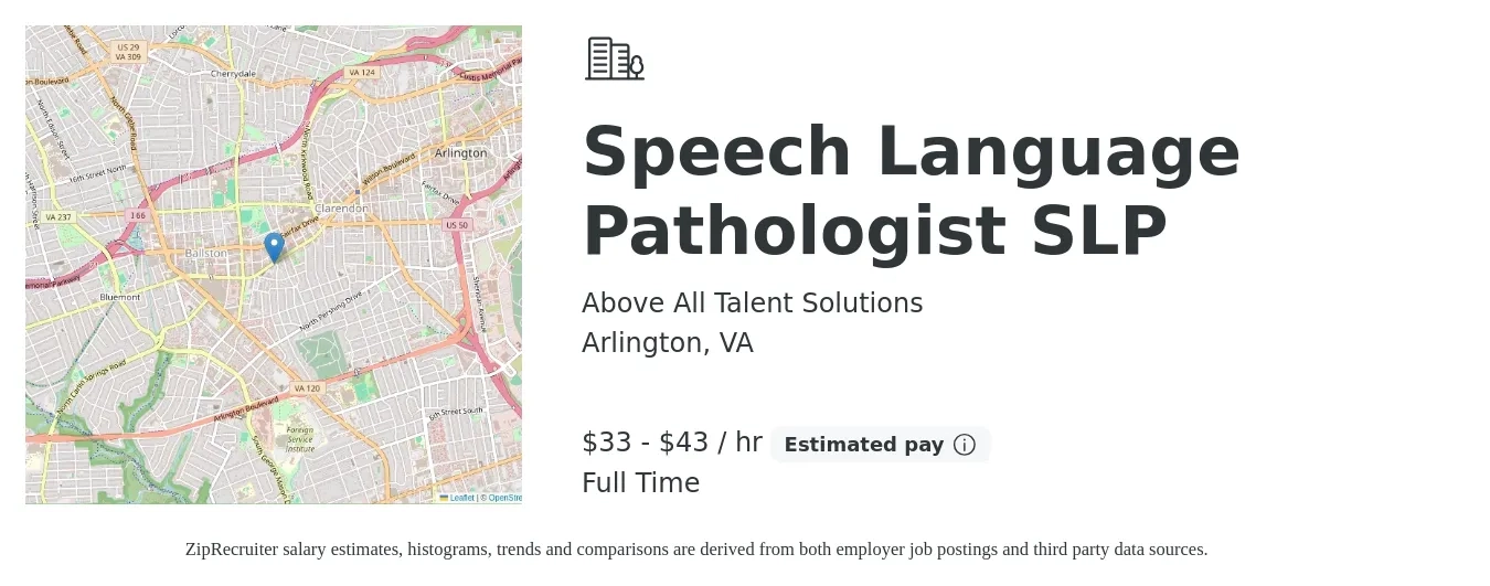 Above All Talent Solutions job posting for a Speech Language Pathologist SLP in Arlington, VA with a salary of $35 to $45 Hourly with a map of Arlington location.
