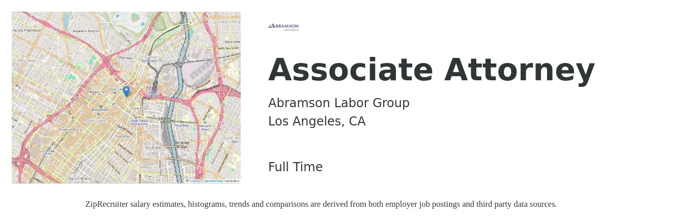 Abramson Labor Group job posting for a Associate Attorney in Los Angeles, CA with a salary of $86,200 to $140,100 Yearly with a map of Los Angeles location.
