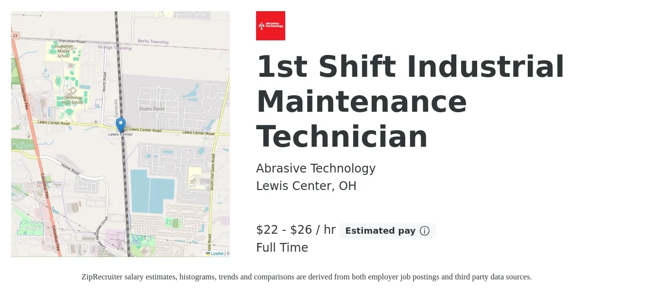 Abrasive Technology job posting for a 1st Shift Industrial Maintenance Technician in Lewis Center, OH with a salary of $23 to $28 Hourly with a map of Lewis Center location.