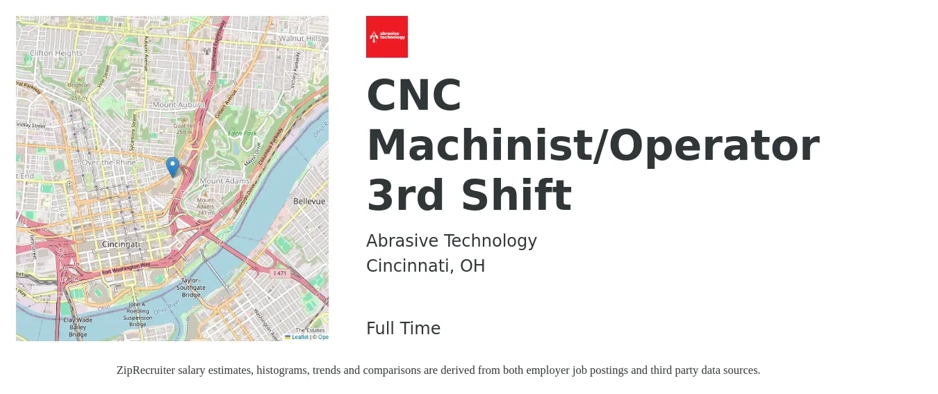 Abrasive Technology LLC job posting for a CNC Machinist/Operator 3rd Shift in Cincinnati, OH with a salary of $20 to $26 Hourly with a map of Cincinnati location.