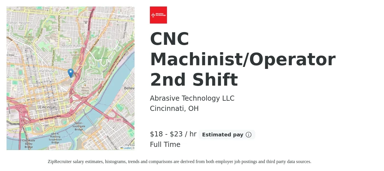 Abrasive Technology job posting for a CNC Machinist/Operator 2nd Shift in Cincinnati, OH with a salary of $19 to $24 Hourly with a map of Cincinnati location.
